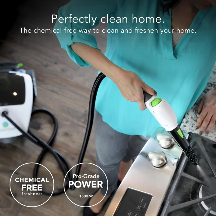 SF 375 Canister steam cleaner with supporting text: Chemical free freshness. Pro-grade Power 900 W. Perfectly clean home. The natural way to clean and freshen your home.