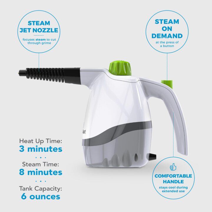 SF-210 Steam Cleaner with supporting text: Heat up time: 3 minutes. Steam time: 8 minutes. Tank capacity: 6 ounces. Steam jet nozzle focuses steam to cut through grime. Steam on demand at the press of a button. Comfortabtle handle stays cool during extended use.