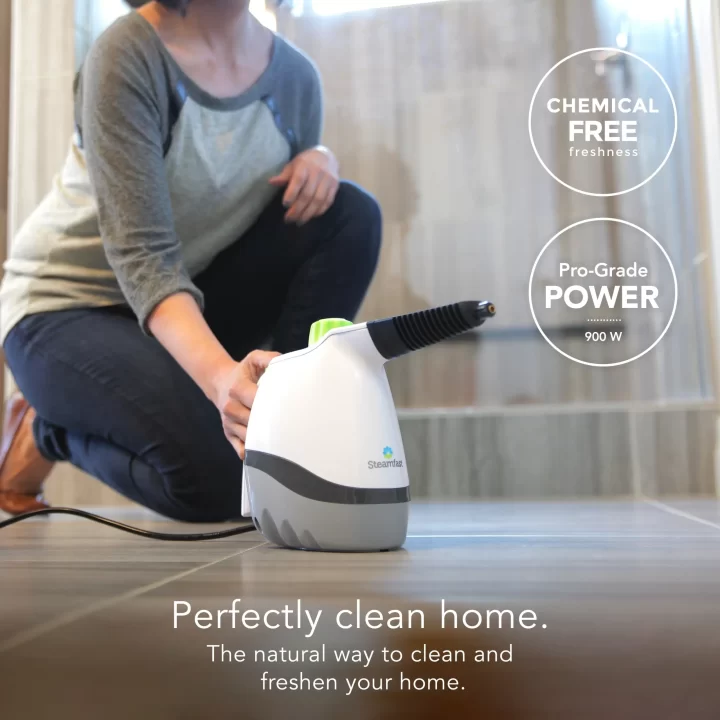 SF 210 steam cleaner with supporting text: Chemical free freshness. Pro-grade Power 900 W. Perfectly clean home. The natural way to clean and freshen your home.