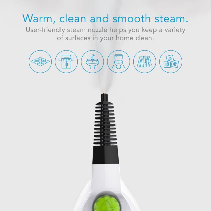 Top view of SF-210 Steam Cleaner with supporting text: Warm, clean and smooth steam. User-friendly steam nozzle helps you keep a variety of surfaces in your home clean. There are 6 icons to show that it can be used on tile, ovens, sinks, toilets, patios, and wood.