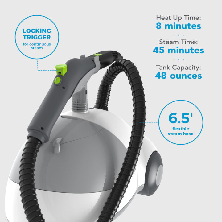 SF-275 Canister Steam Cleaner with supporting text: Heat up time: 8 minutes. Steam time: 45 minutes. Tank capacity: 48 ounces. Locking trigger for continuous steam. 6.5' flexible steam hose.