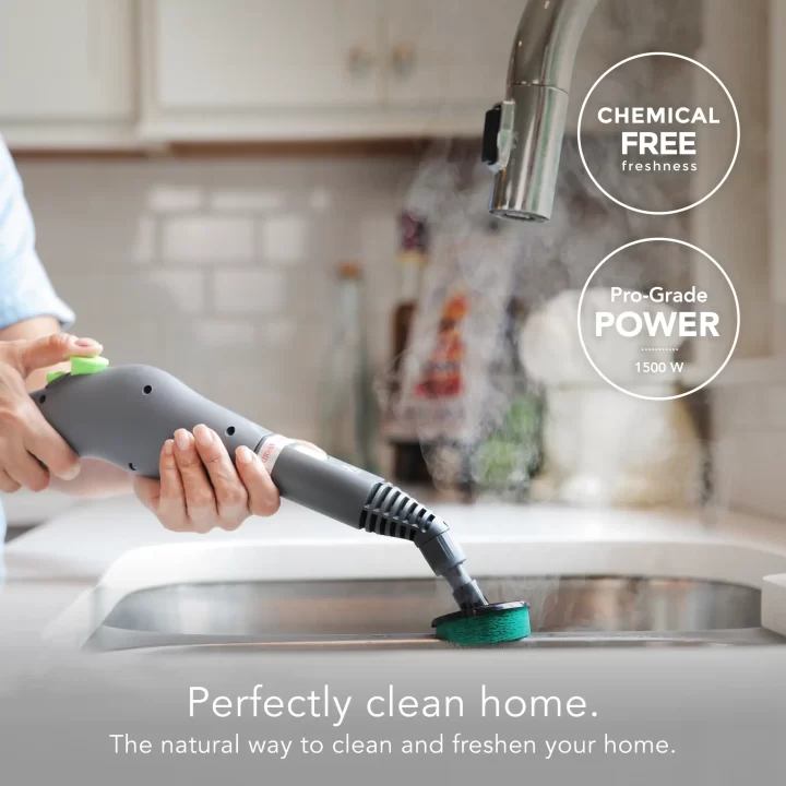 SF 370 Multipurpose steam cleaner with supporting text: Chemical free freshness. Pro-grade Power 900 W. Perfectly clean home. The natural way to clean and freshen your home.