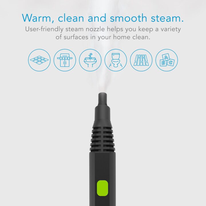 SF-370 Multipurpose Steam Cleaner with supporting text. Warm, clean and smooth steam. User-friendly steam nozzle helps you keep a variety of surfaces in your home clean. There are 6 icons to show that it can be used on tile, ovens, sinks, toilets, patios, and wood.