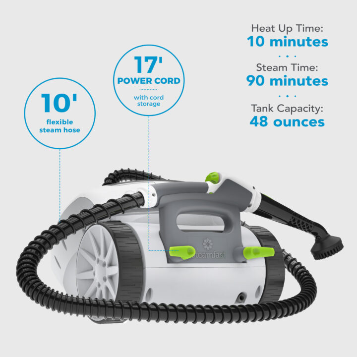 SF-375 Canister Steam Cleaner Features with supporting text: Heat up time: 10 minutes. Steam time: 90 minutes. Tank capacity: 48 ounces. 10' insulated steam hose. 17' power cord with cord storage.