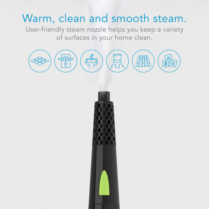 SF-375 Canister Steam Cleaner with supporting text. Warm, clean and smooth steam. User-friendly steam nozzle helps you keep a variety of surfaces in your home clean. There are 6 icons to show that it can be used on tile, ovens, sinks, toilets, patios, and wood.