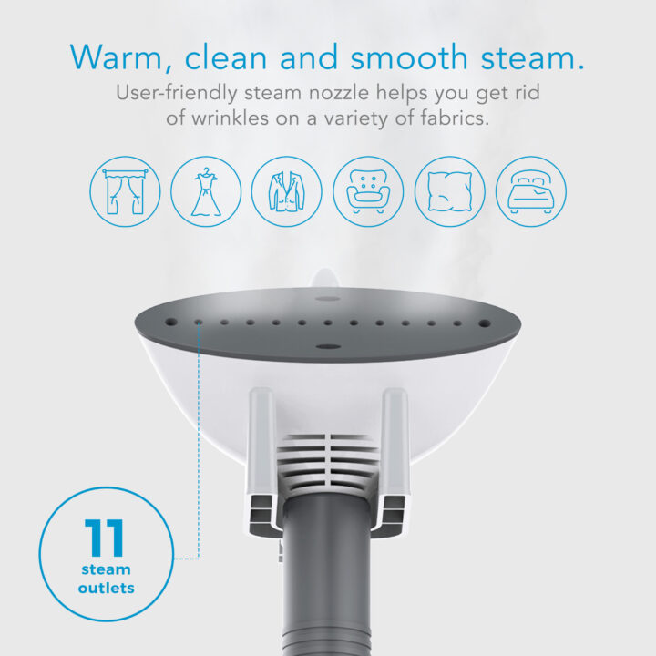 SF-407 Canister Steam Cleaner with supporting text. Warm, clean and smooth steam. User-friendly steam nozzle helps you get rid of wrinkles on a variety of fabrics. 11 steam outlets. There are 6 icons to show that it can be used on curtains, dresses, suits, couches, pillows, and bedding