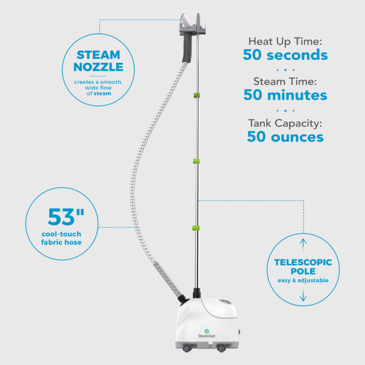 SF-407 Canister Steam Cleaner Features with supporting text: Heat up time: 50 seconds. Steam time: 50 minutes. Tank capacity: 50 ounces. Steam nozzle creates a smooth wide flow of steam. 53" cool-touch fabric hose. Telescopic pole easy & adjustable.