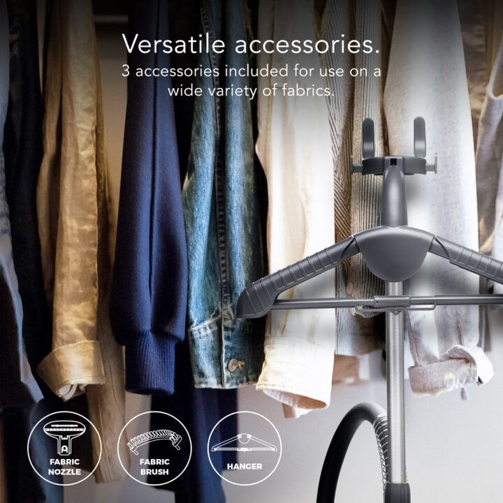 SF-520 Full-Size Fabric Steamer Accessories. There is supporting text and icons: Versatile accessories. 3 accessories included for use on a wide variety of fabrics. Fabric brush. fabric nozzle. Hanger.