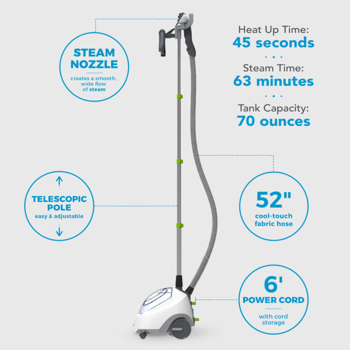 SF-520 Full-Size Fabric Steamer Features with supporting text: Heat up time: 45 seconds. Steam time: 63 minutes. Tank capacity: 70 ounces. Steam nozzle creates a smooth wide flow of steam. Telescopic pole easy & adjustable. 52" cool-touch fabric hose. 6' power cord with cord storage.