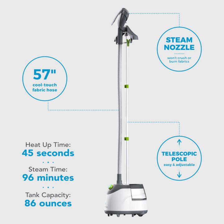 SF-562 Canister Fabric Steamer Features with supporting text: Heat up time: 45 seconds. Steam time: 96 minutes. Tank capacity: 86 ounces. Steam nozzle won't crush or burn fabrics. Telescopic pole easy & adjustable. 57" cool-touch fabric hose.