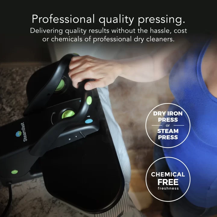 SF 623 mid-size fabric steam press with supporting text: Professional quality pressing. Delivering quality results without the hassle, cost or chemicals of professional dry cleaners. Dry iron press or steam press. Chemical free freshness.