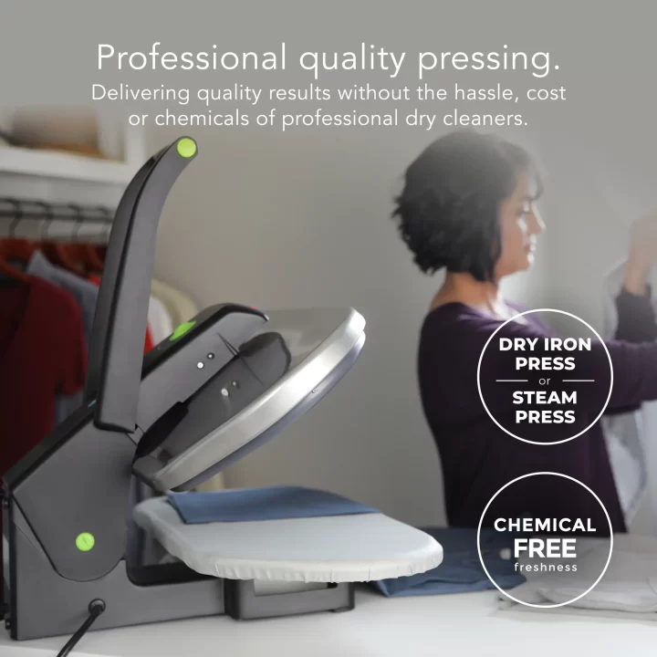 SF 680 Deluxe Digital steam press with supporting text: Professional quality pressing. Delivering quality results without the hassle, cost or chemicals of professional dry cleaners. Dry iron press or steam press. Chemical free freshness.