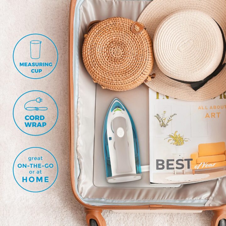 SF-719 Mini Steam Iron in an open suitcase with the supporting text: Measuring cup, cord wrap, great on-the-go or at home.