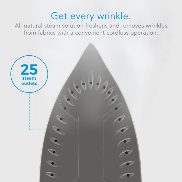 SF-760 Cordless Steam Iron Fabric with the supporting text: Get every wrinkle. All-natural steam solutions freshen and remove wrinkles from fabrics with a convenient cordless operation. 25 steam outlets.