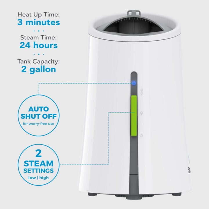 SF-920 Steam Humidifier Features with supporting text: Heat up time: 3 minutes. Steam time: 24 hours. Tank capacity: 2 gallon. Auto shut off for worry-free use. 2 steam settings low | high.