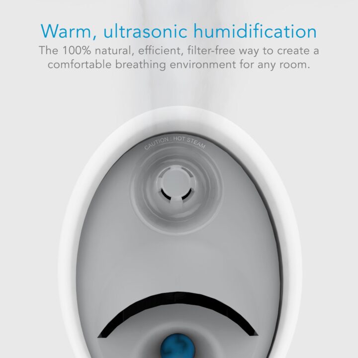 SF-920 Steam Humidifier Top View with supporting text: Warm, ultrasonic humidification. The 100% natural, efficient, filter-free way to create a comfortable breathing environment for any room.