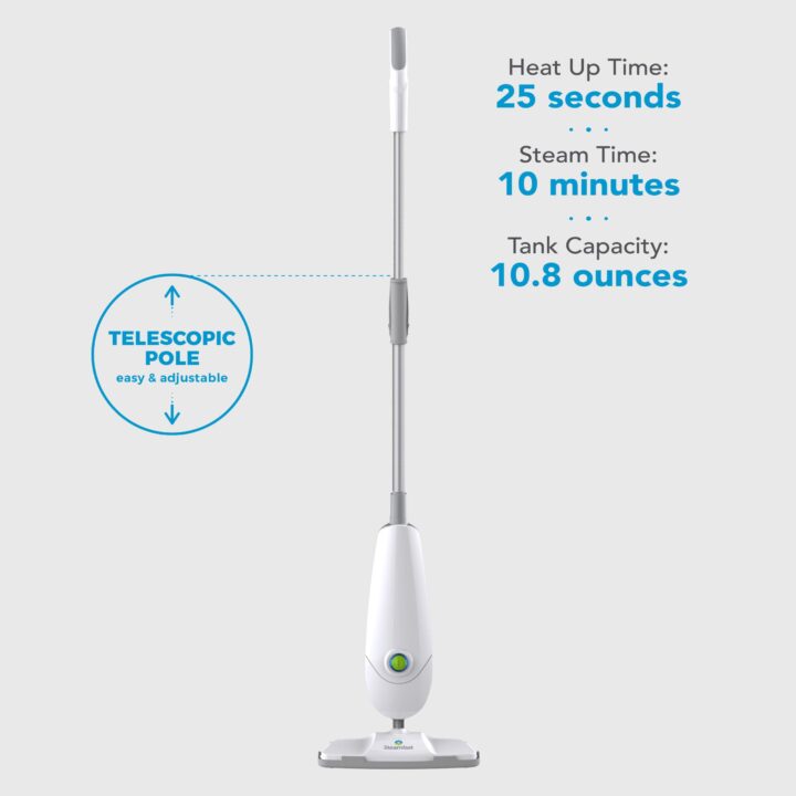 SF-162 Steam Mop Features with supporting text: Heat up time: 25 seconds. Steam time: 10 minutes. Tank capacity: 10.8 ounces. Telescopic pole easy & adjustable.