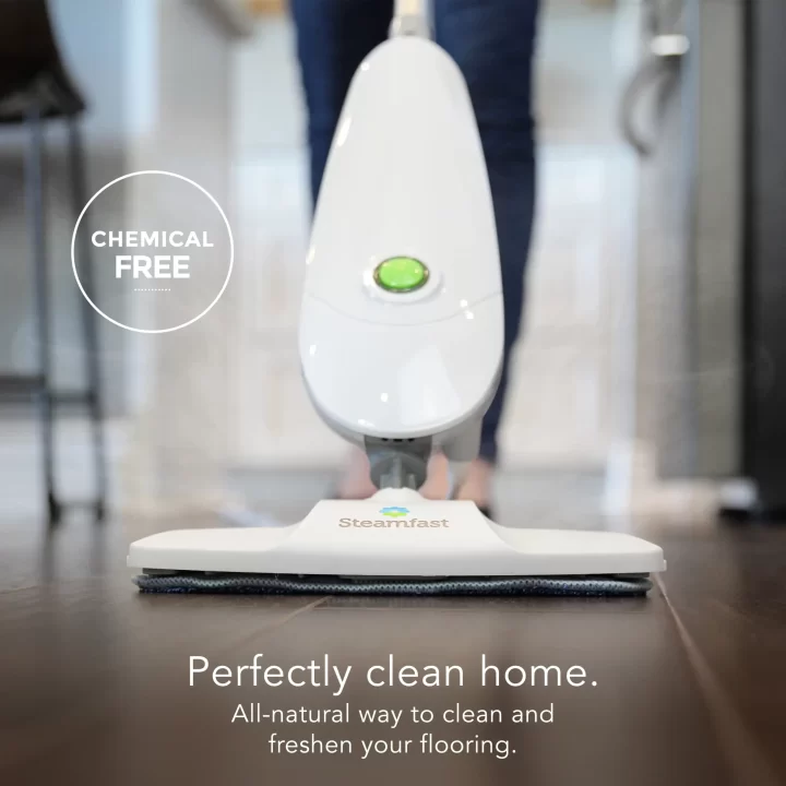 SF162 Steam mop with supporting text: Chemical free. Perfectly clean home. All-natural way to clean and freshen your flooring.