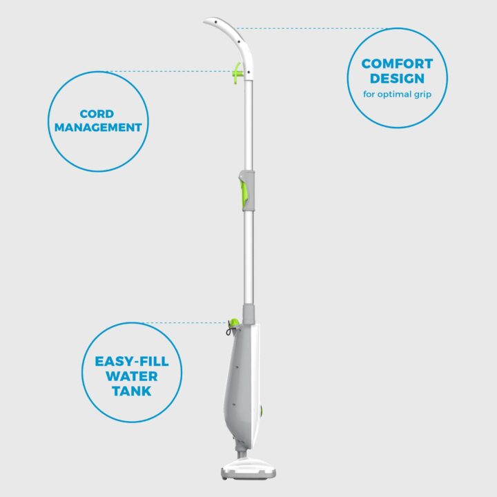 Side view of SF-162 Steam Mop with supporting text: Easy-fill water tank, Cord Management, Comfort design for optimal grip