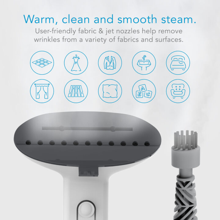 SF-295 Steam Mop Warm, clean and smooth steam. User-friendly fabric & jet nozzle help remove wrinkles from a variety of fabrics and surfaces. There are 10 icons to show that it can be used on tile, dresses, suites, sinks, bedding, curtains, patios, pillows, wood, couches.