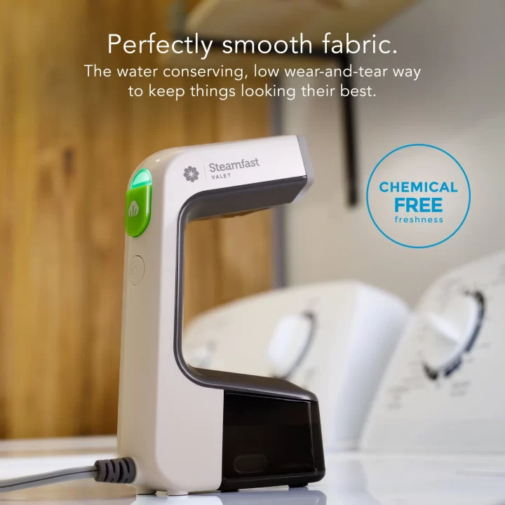 SF Valet Handheld garment steamer. Perfectly smooth fabric. The water conserving, low wear-and-tear way to keep things looking their best. Chemical free freshness.