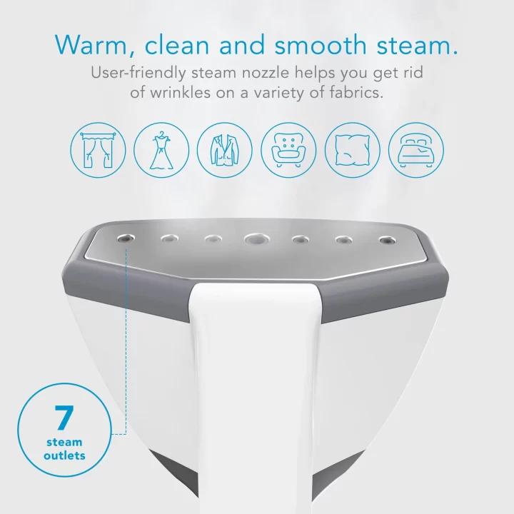 SF Viruoso Fabrics with supporting text: Warm, clean and smooth steam. User-friendly steam nozzle helps you get rid of wrinkles on a variety of fabrics. 7 steam outlets. There are 6 icons to show that it can be used on curtains, dresses, suits, couches, pillows, and bedding