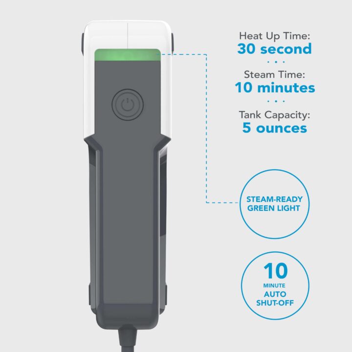 Handheld Travel Garment Steamer features 30 second heat up time, steams for 10 minutes and has a 5 ounce tank capacity. Green light means steam is ready with a 10 minute auto shut off